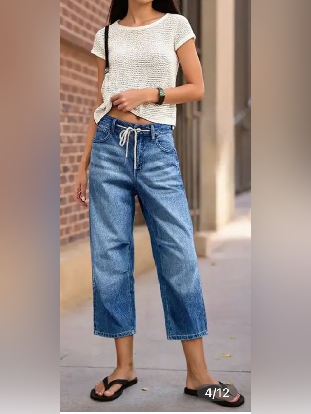 Flamingals Wash Stitch Drawstring Mid Rise Straight Leg Crop Jeans